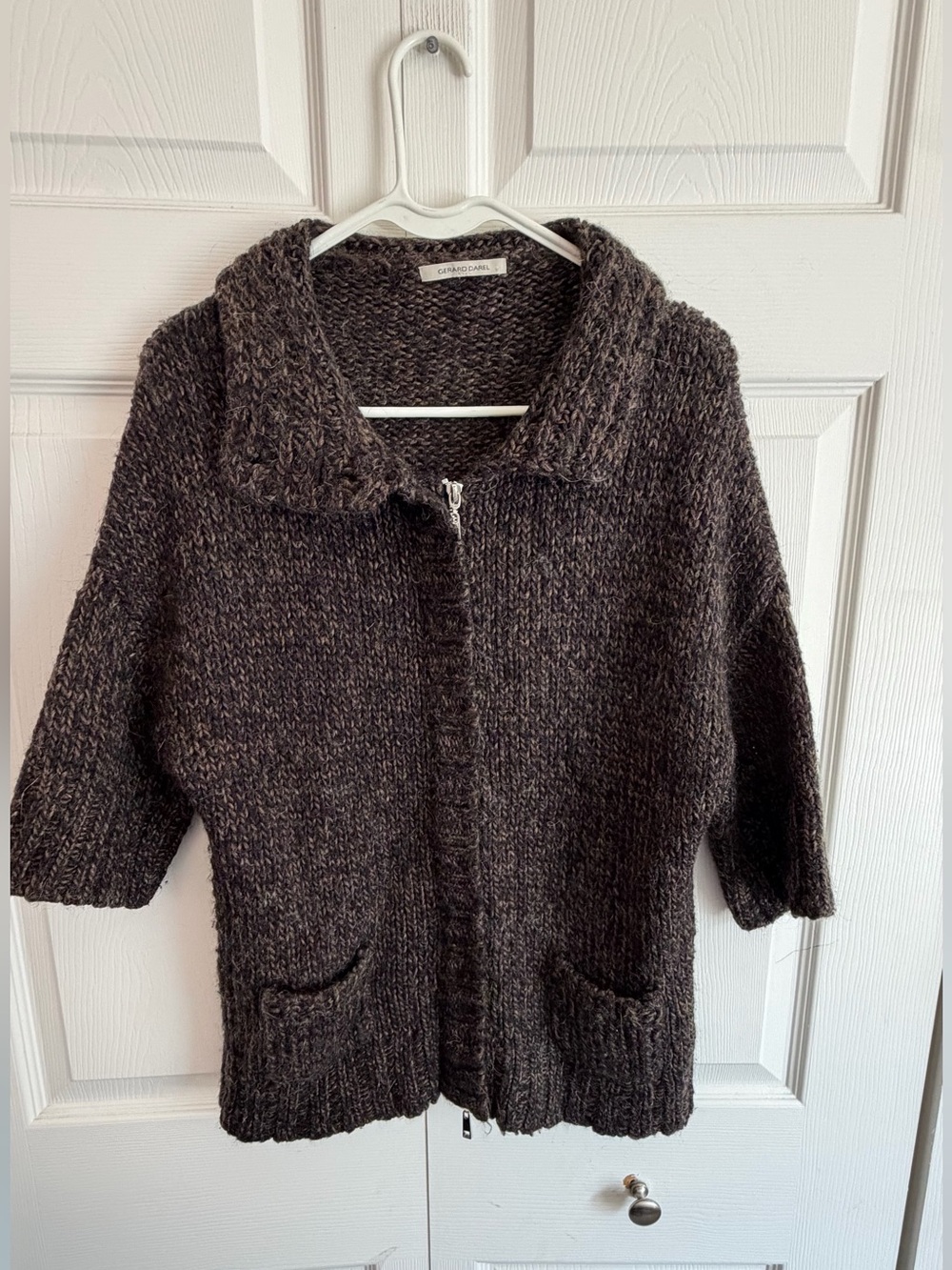 GERARD DAREL ALPACA WOOL BLEND CHUNKY KNIT HOODED ZIP CARDIGAN Brown Medium